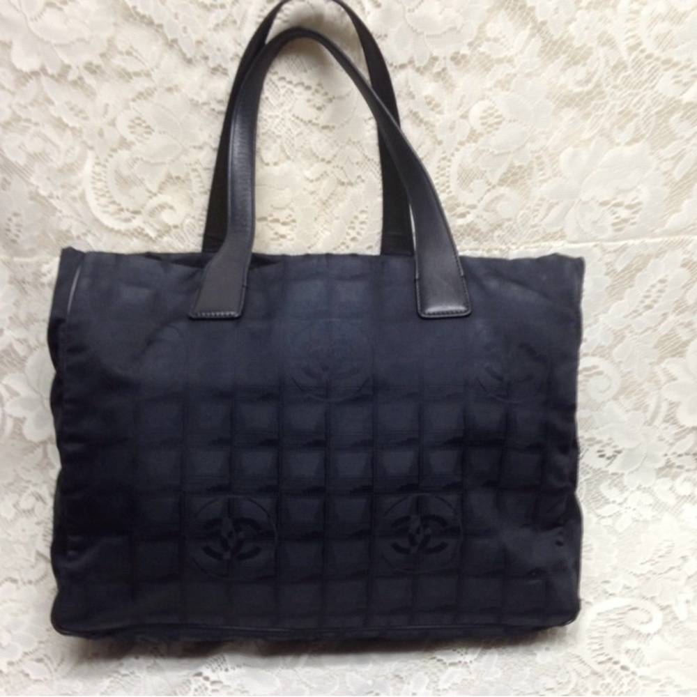 Chanel Travel Line Nylon Black MM Tote 10in H x 13in L x 6in W